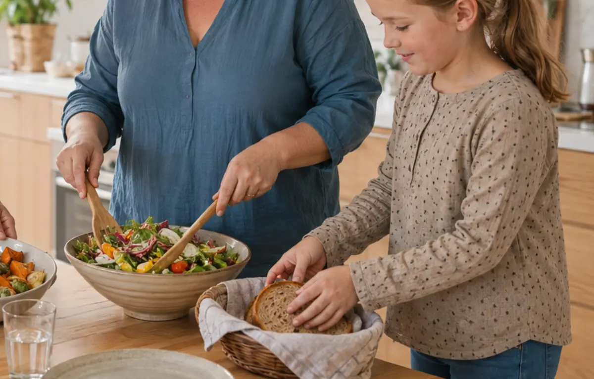 Mamma blandar en sallad medan dottern lägger bröd i en korg på köksbordet